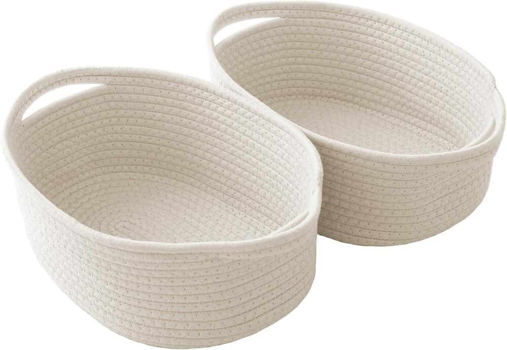 White Woven Cotton Rope Storage Gift Basket Handles 12x8x5 Single New